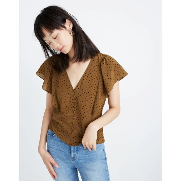 Madewell Tops - Madewell Carmelina Black Polka Dot Flutter Sleeve Silk Top Size 00 STAINED